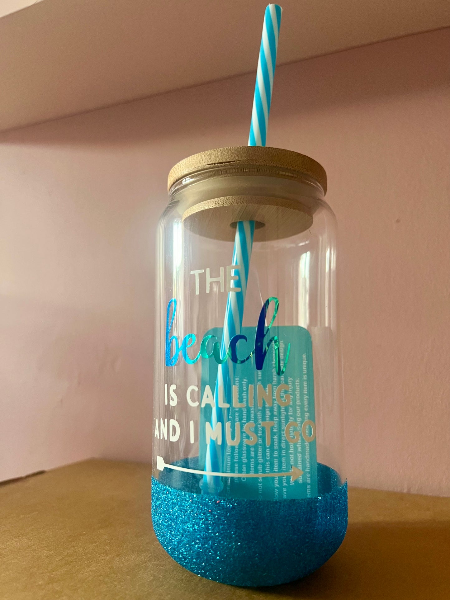 Blue Glitter Can Glass (590ml)