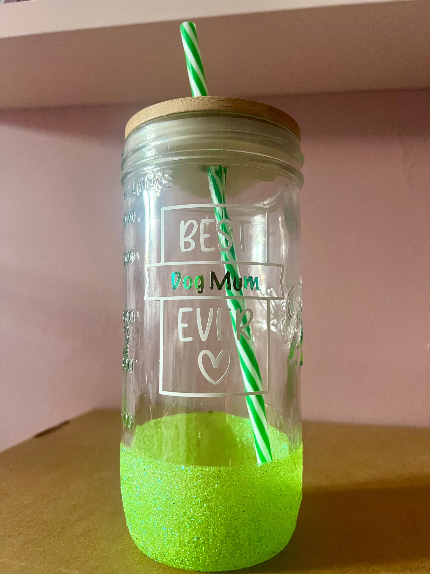 Green Glitter Mason Jar Glass (710ml)