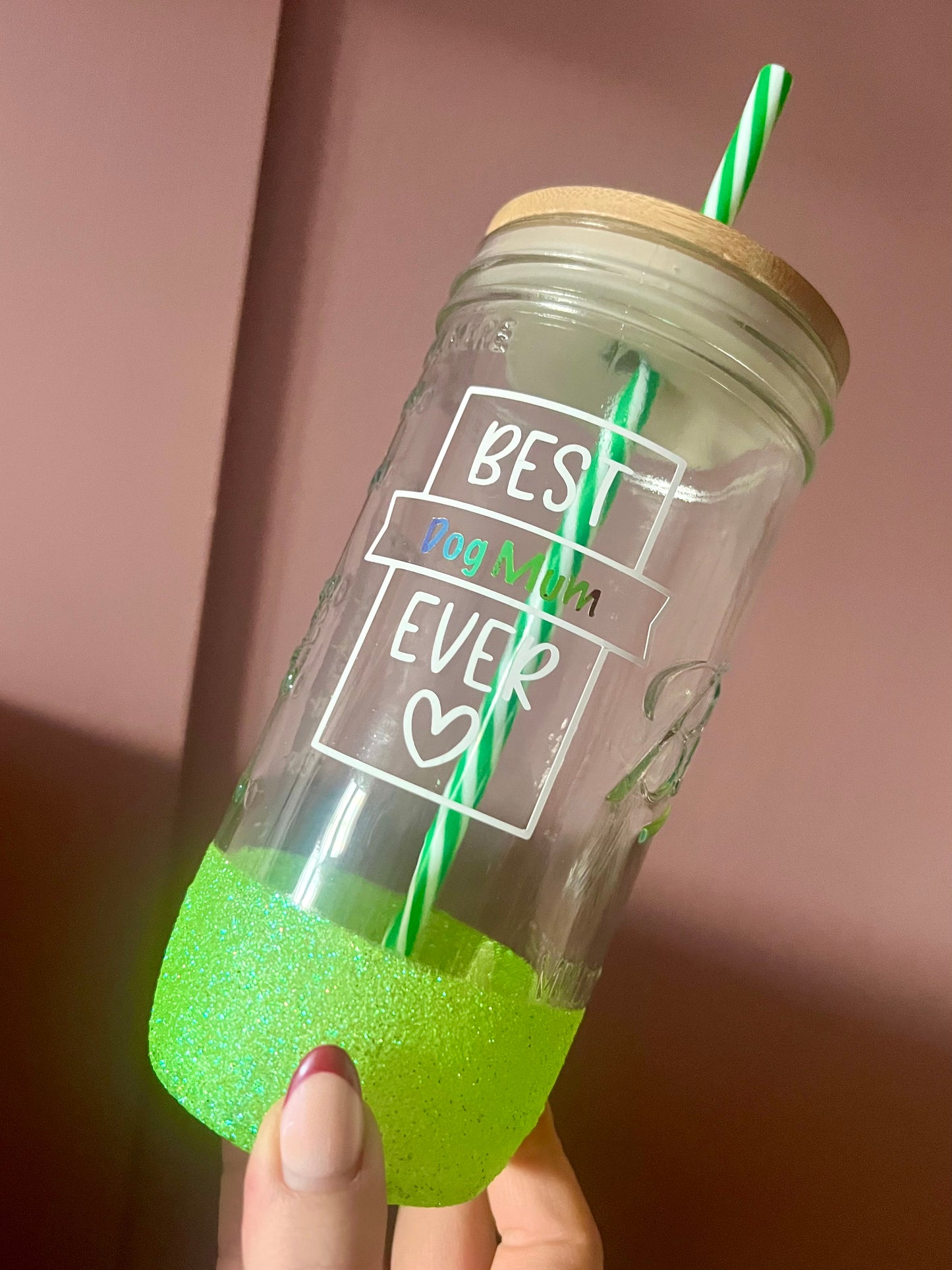 Green Glitter Mason Jar Glass (710ml)