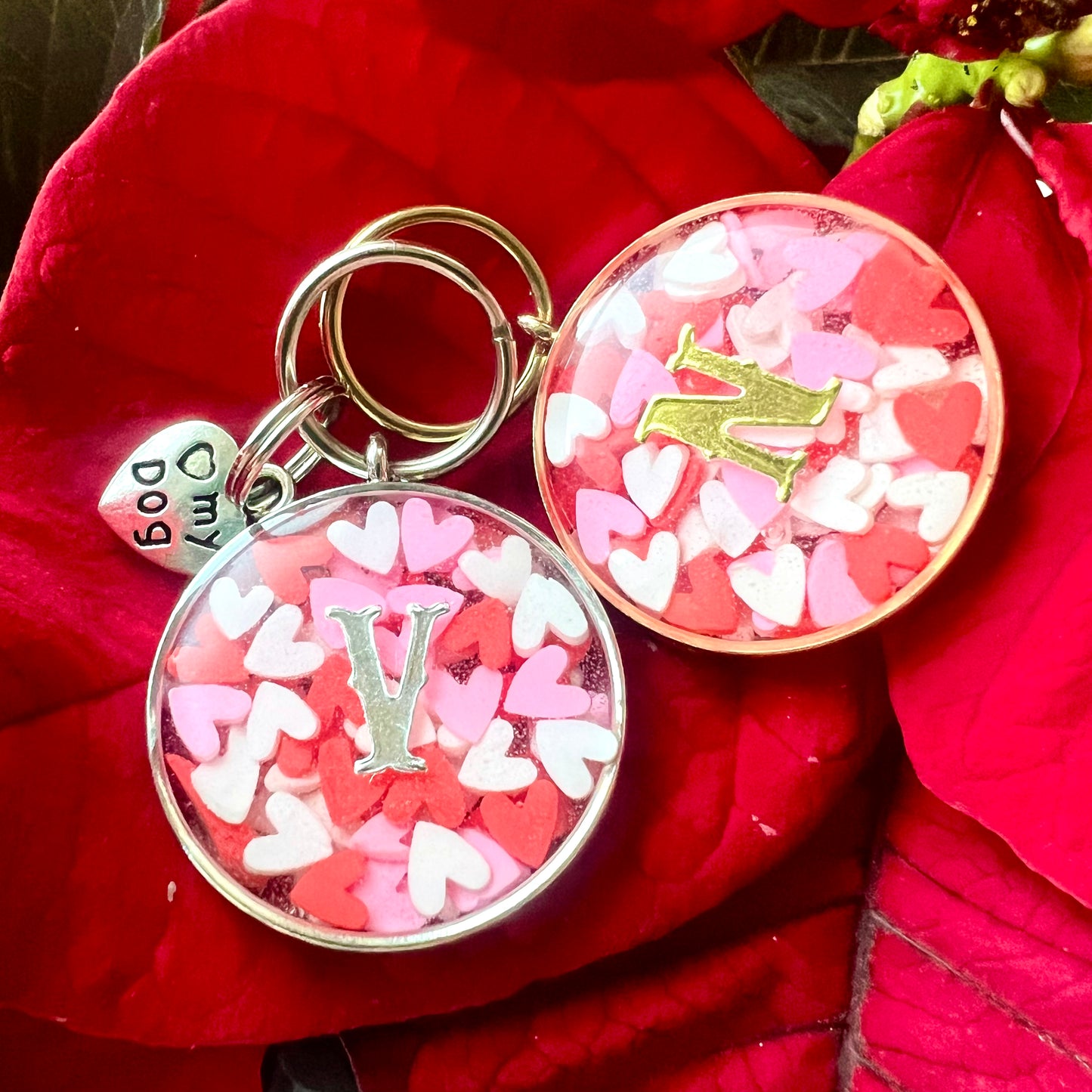 Red, pink & white Happy Hearts in Gold Tone Hardware
