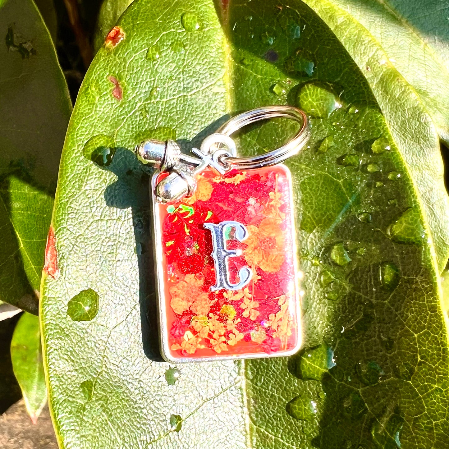 Red Orange Full Florals Rectangle in Silver Tone Hardware