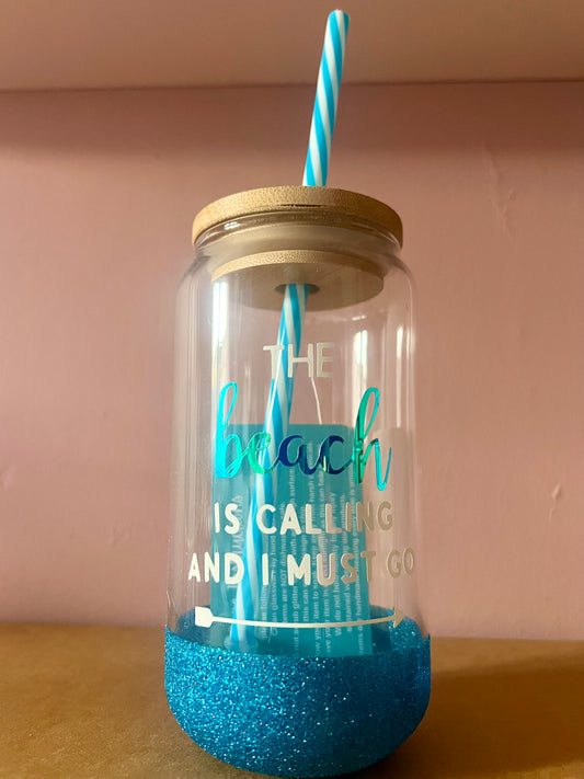 Blue Glitter Can Glass (590ml)