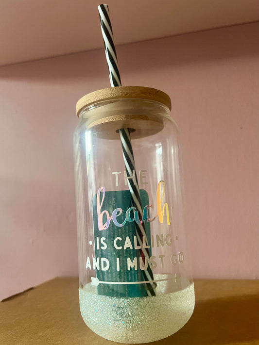 White Glitter Can Glass (590ml)