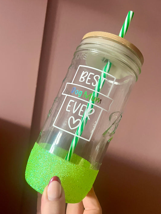 Green Glitter Mason Jar Glass (710ml)